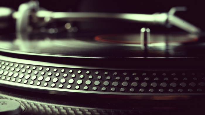Close-up of a turntable with a vinyl record