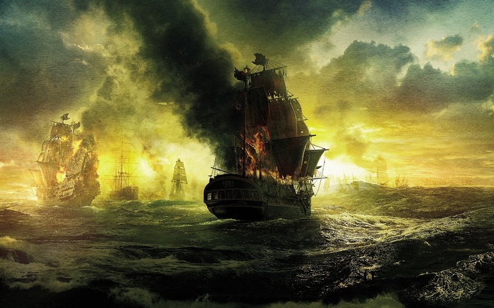 Burning sailing ships in a stormy sea
