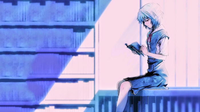 Rei Ayanami reading a book in a library