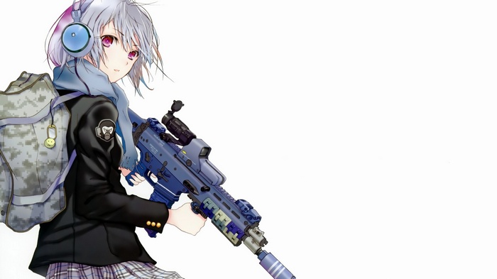 Simple Background Uniform Gun White Background Suppressors Military Anime Scopes Compensator Jacket Scarf FN SCAR School Uniform Weapon Backpacks Original Characters Anime Girls White Hair Headphones Red Eyes