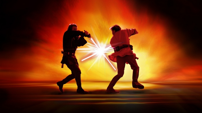 Anakin Skywalker and Obi-Wan Kenobi duel with lightsabers