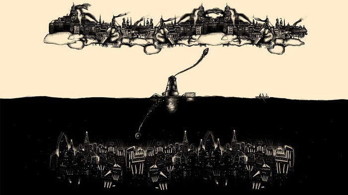 BioShock artwork of a floating city above an underwater city
