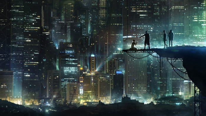 Artwork of a futuristic cityscape at night