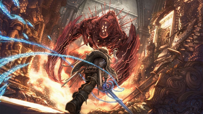 The Last Story: Warrior Fights Red Creature in Ruins