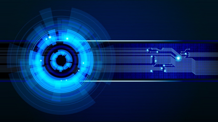 Abstract blue digital technology circuit board and HUD
