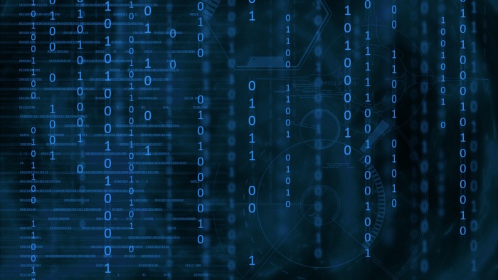 Digital binary code on a dark background