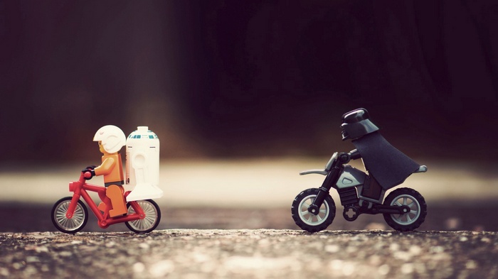 LEGO Darth Vader and R2-D2 on motorcycles
