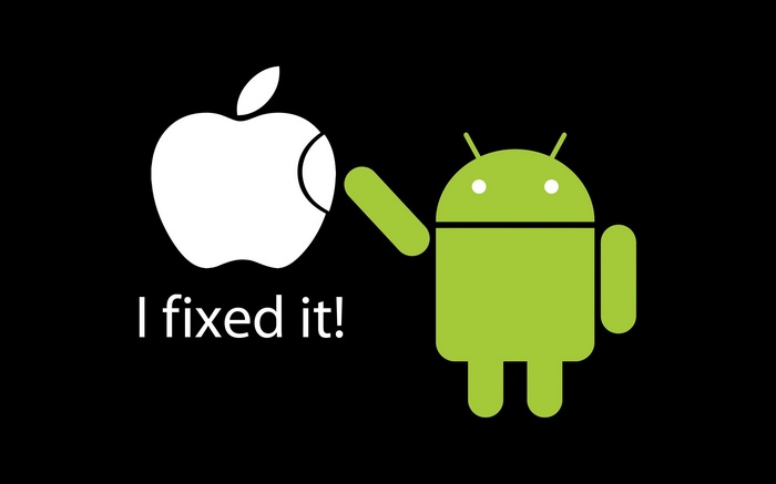 Android logo fixing Apple logo with text "I fixed it!"
