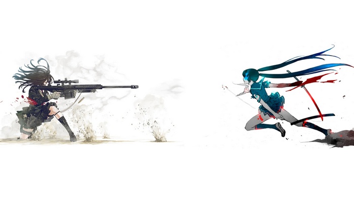 Anime girls with sniper rifle and katanas