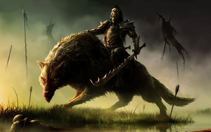 Orc warrior riding a wolf on a battlefield