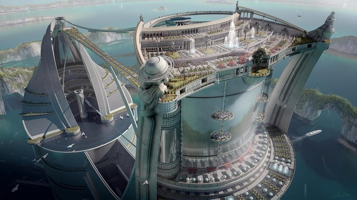 Futuristic city architecture on islands in the ocean
