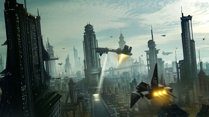 Futuristic city with flying aircraft