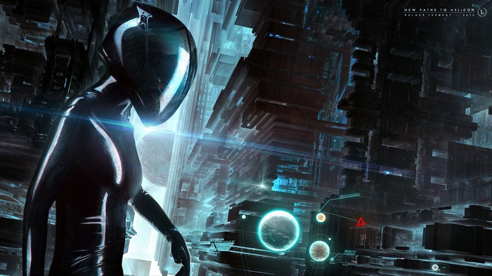 Futuristic Cityscape with a Figure in a Spacesuit