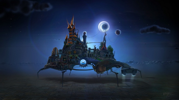 Surreal fantasy castle artwork by David Fuhrer at night