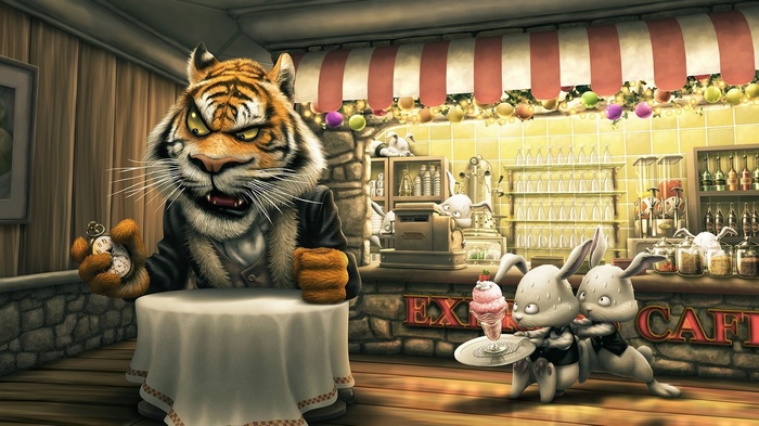 Tiger and rabbits in a cafe