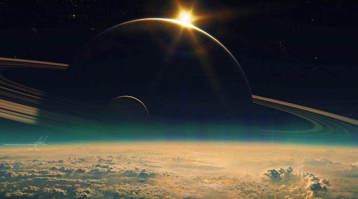 Digital art of a planet with rings and a sun.