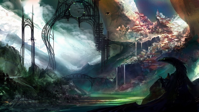 Fantasy landscape with dragon and futuristic city