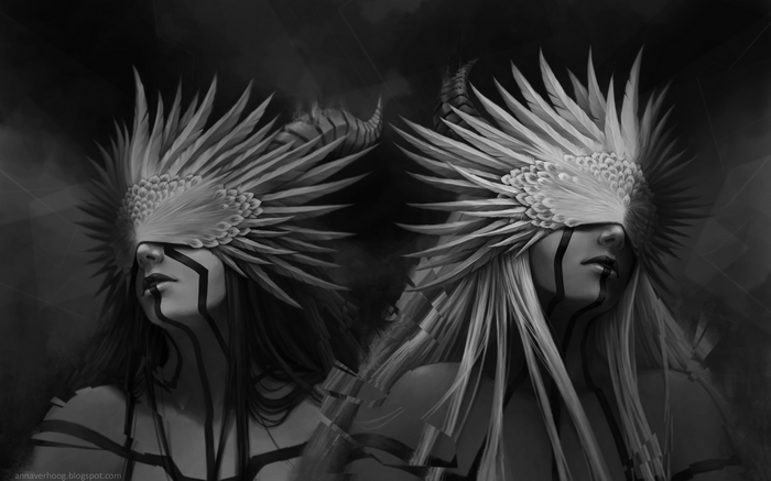 Two fantasy women with feathered headdresses and face paint