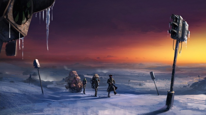 Romantically Apocalyptic artwork of travelers in a frozen landscape