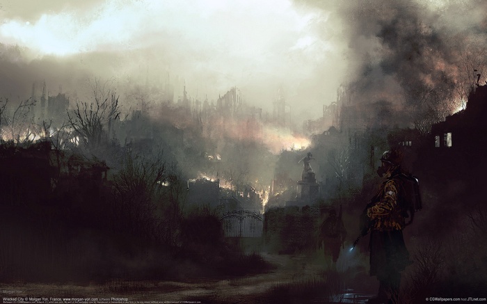 Apocalyptic Ruined Cityscape with Gas Masked Figure