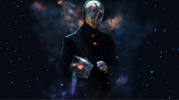 Man in suit holding a cube with galaxy inside