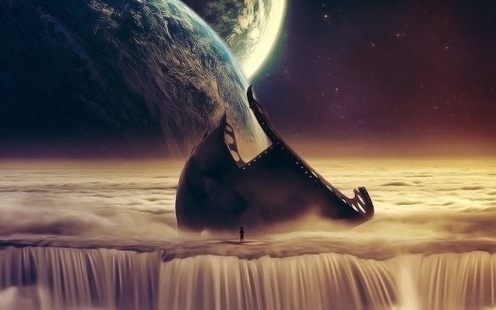 Person standing on a cloud waterfall with planets in space