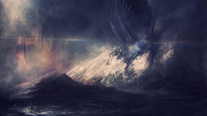 Digital art of a desolate mountain landscape with a large structure