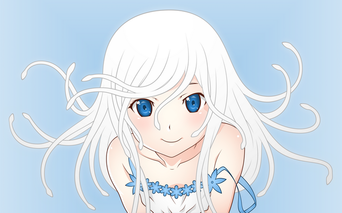 Sengoku Nadeko with white hair and blue eyes
