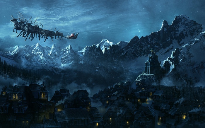 Santa Claus flying his sleigh over a snowy village and mountains