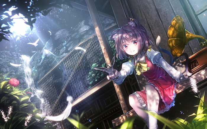 Chen from Touhou with a bird and a gramophone
