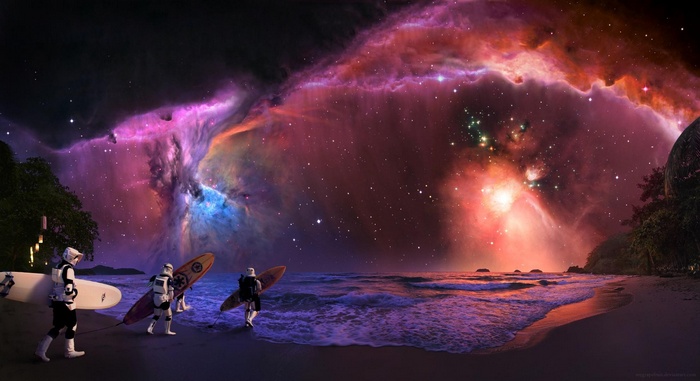 Star Wars Stormtroopers with surfboards on a beach under a nebula