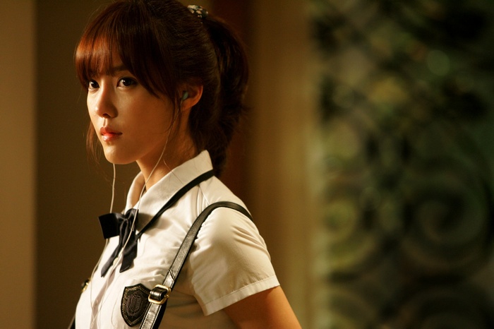 Hyomin (T-ara) wearing headphones and school uniform