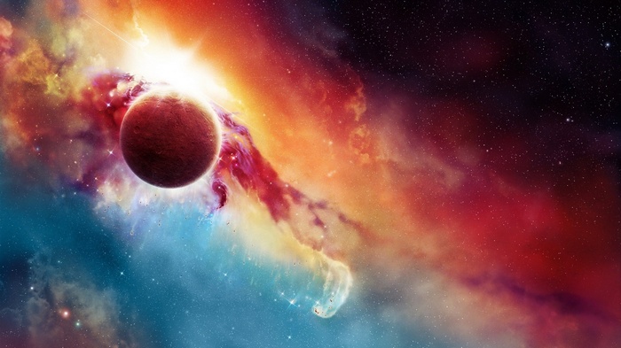 Planet and nebula in colorful space with stars
