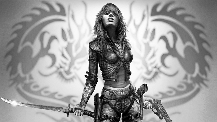 Warrior woman with sword and gun