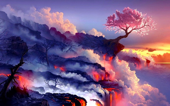 Sunset Lava Fantasy Art Fightstar Artwork Trees Photo Manipulation Nature