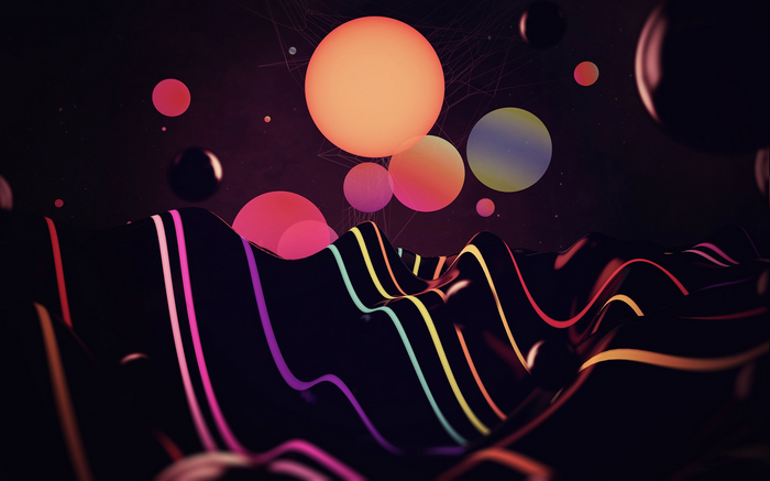 Abstract digital art with colorful spheres and wavy lines
