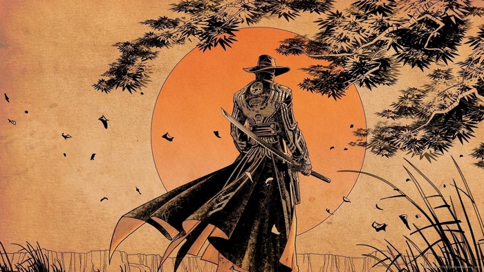 Samurai warrior with sword against orange sun