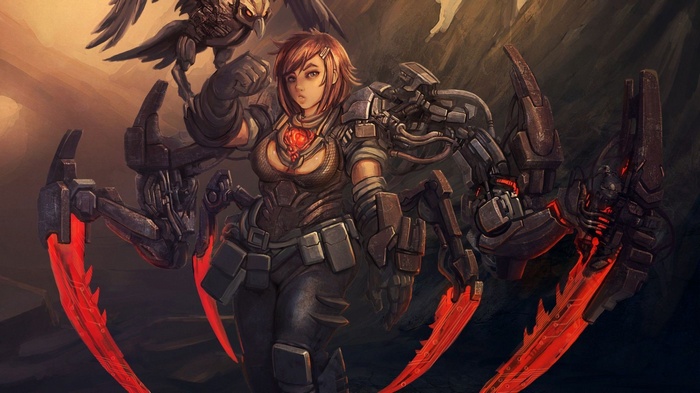 Woman with mechanical spider legs and birds