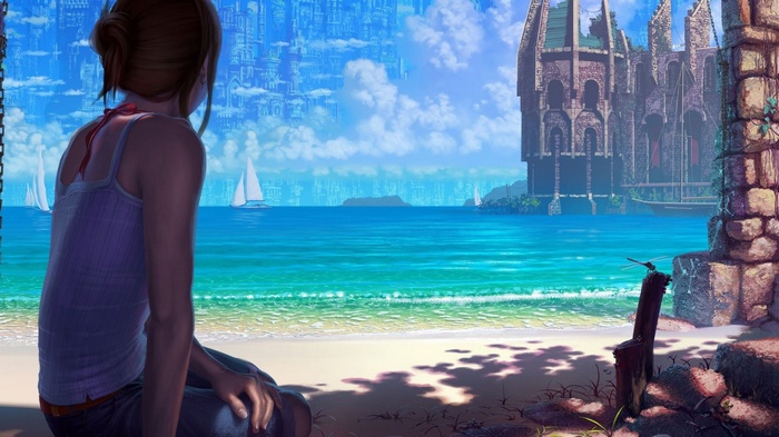 Woman looking at a fantasy beach with sailboats and castle