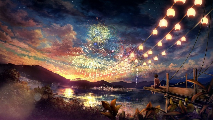 Anime girl watching fireworks over a lake