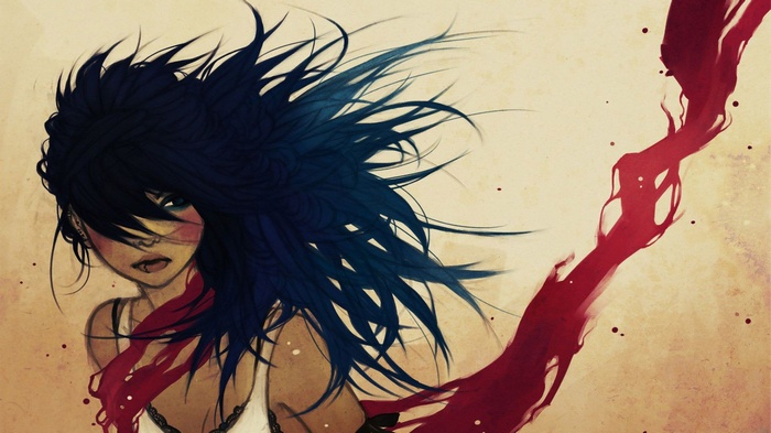 Anime girl with blue hair and red ribbon