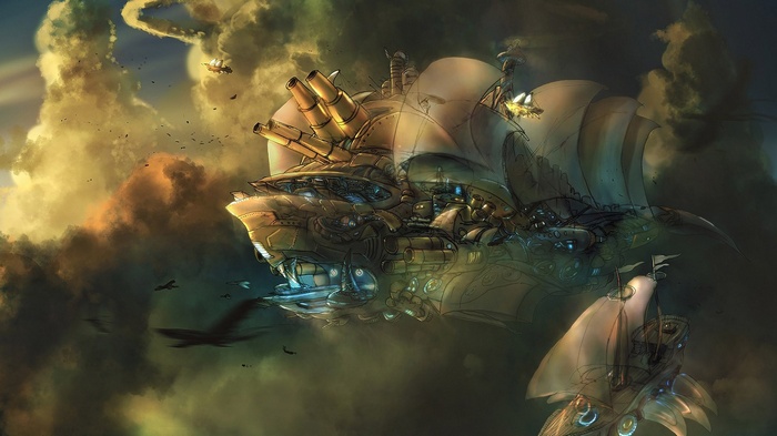 Steampunk airships flying through clouds