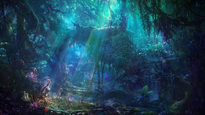 Fantasy jungle with exotic creatures and bioluminescent plants