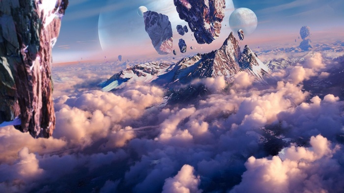 Floating mountains and planets above snowy mountains