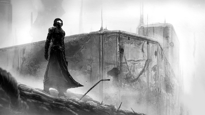 Monochrome concept art of a lone soldier in a desolate landscape