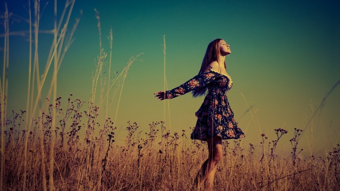 Brunette Depth of Field Closed Eyes Summer Dress Outdoors Women Model Blonde Field Minidress Plants Nature Landscape Long Hair