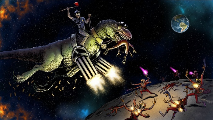 Axe Cop rides a rocket-powered T-Rex in space