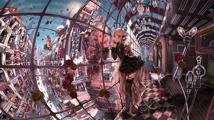 Anime girl with headphones in a steampunk city