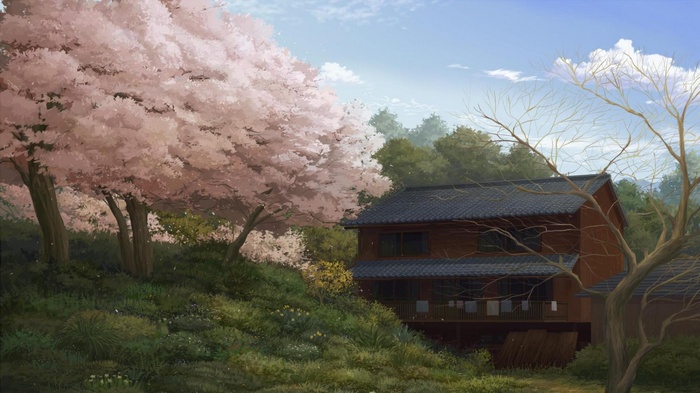 A traditional Japanese house surrounded by cherry blossoms
