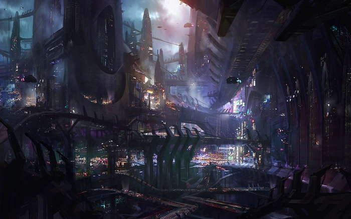 Futuristic city artwork with towering structures and flying vehicles